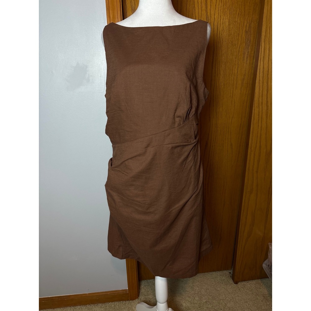 Commense Brown Cotton Linen Ruched Draped Mini Dress Boat Neck NWT Size L